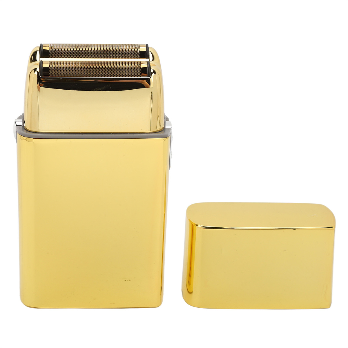 Goldener Elektrorasierer, Vorder- und Rückansicht, mit Deckel.