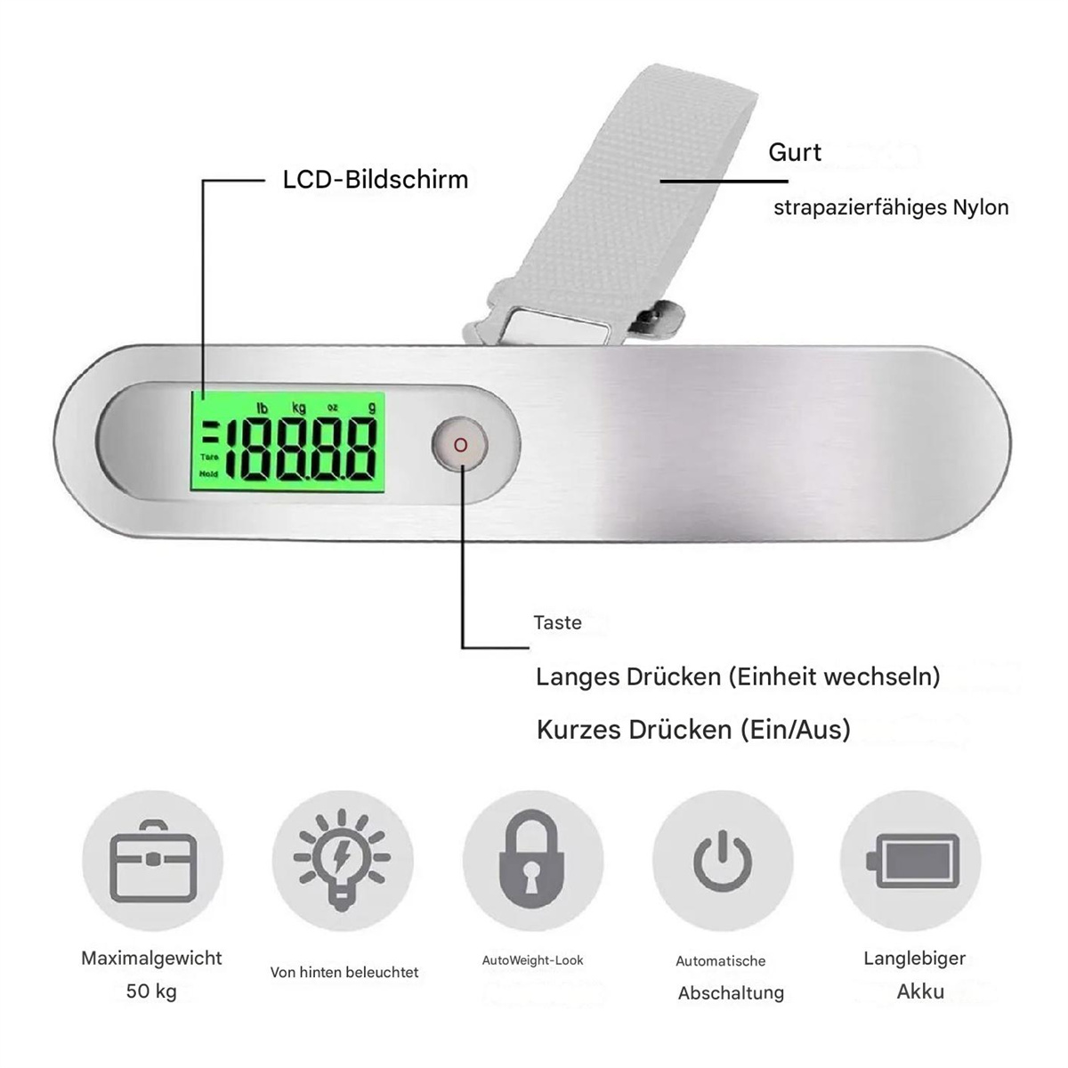 Eine weiße und silberne digitale Gepäckwaage. Sie hat einen Bildschirm, einen Gurt und Knöpfe.
