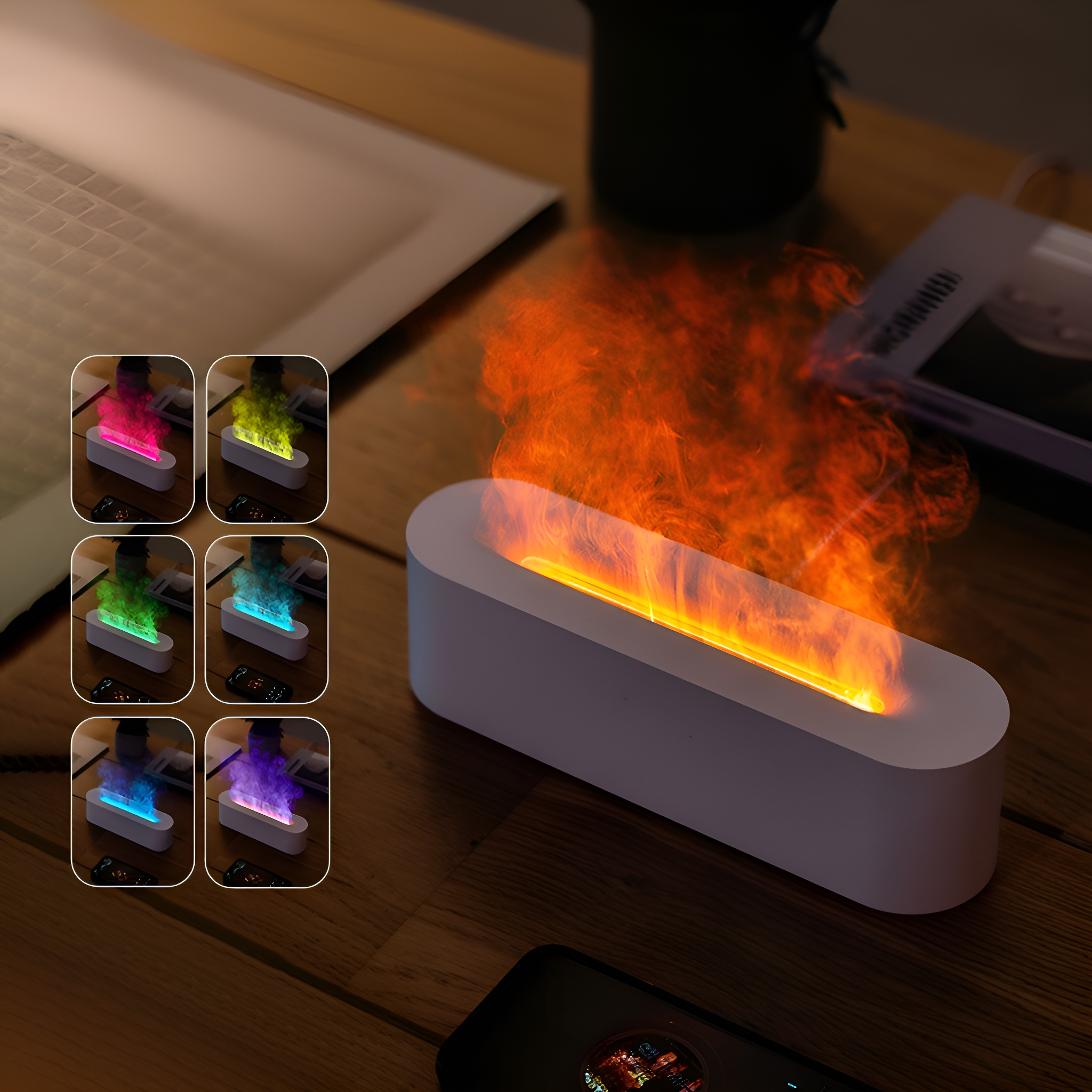 Ein weißes, ovalförmiges Flammeneffektgerät mit farbigen Lichtoptionen, dargestellt auf einer Holzoberfläche.