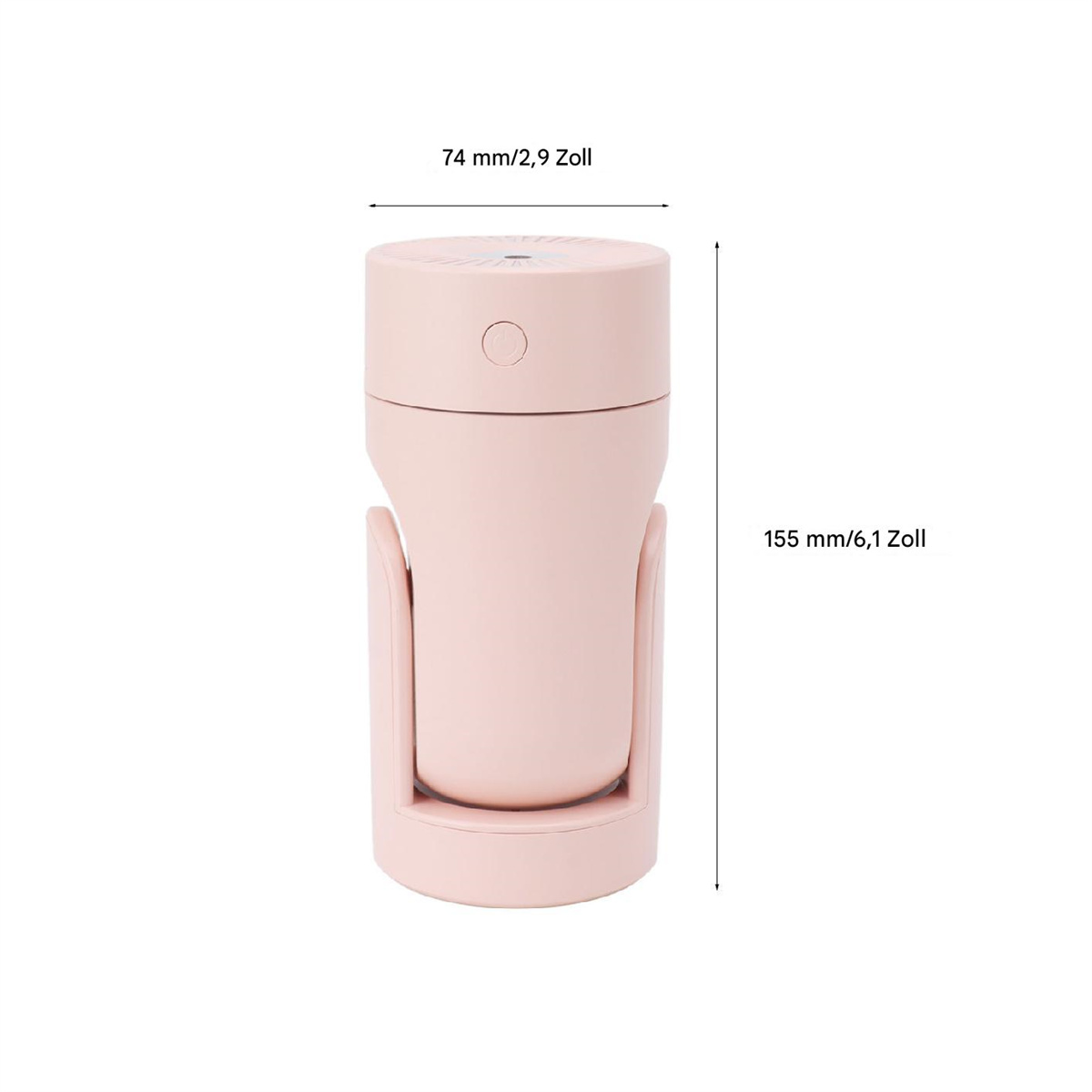 Ein rosa zylindrisches Gerät mit beschrifteten Messungen, wahrscheinlich ein Luftbefeuchter.