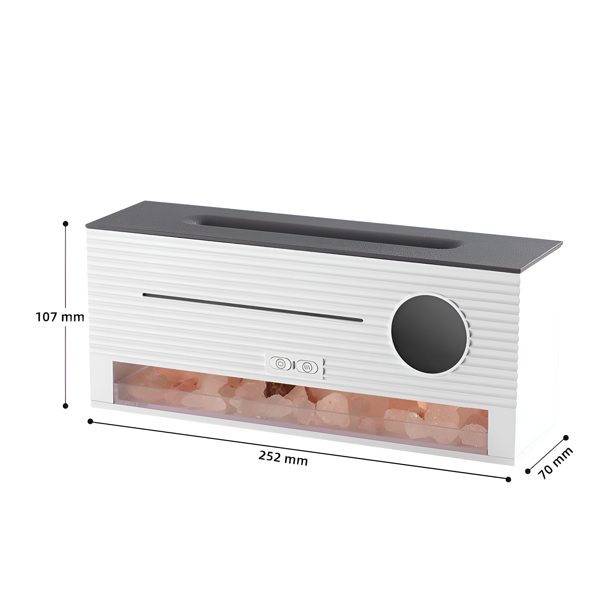 Weisse Taschentuchbox mit schwarzem Deckel und Fenster mit rosa Salzsteinen. Abmessungen gezeigt.