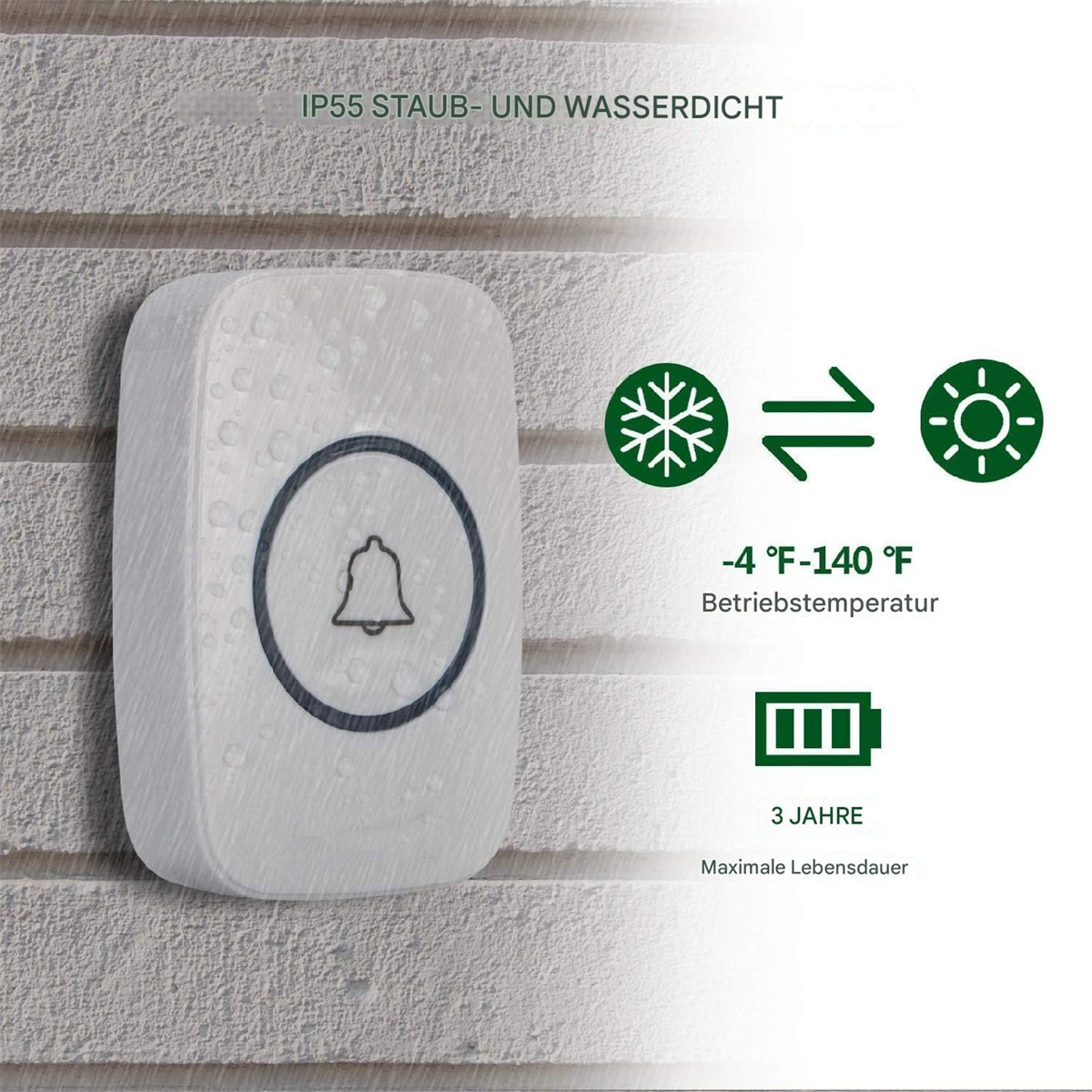 Eine weiße Türklingel mit einem schwarzen Glockensymbol. Sie ist IP55-zertifiziert und hat einen Temperaturbereich von -4 bis 140 Fahrenheit.