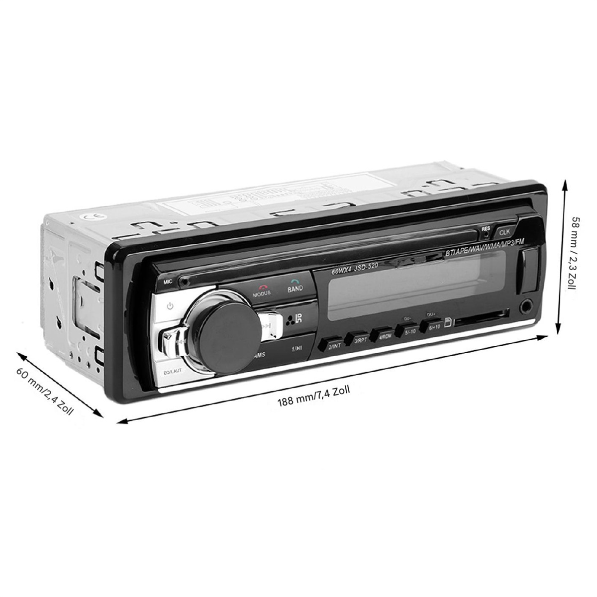 Autoradio-System auf weißem Hintergrund. Es zeigt Knöpfe, einen Bildschirm und Abmessungen in mm und Zoll.