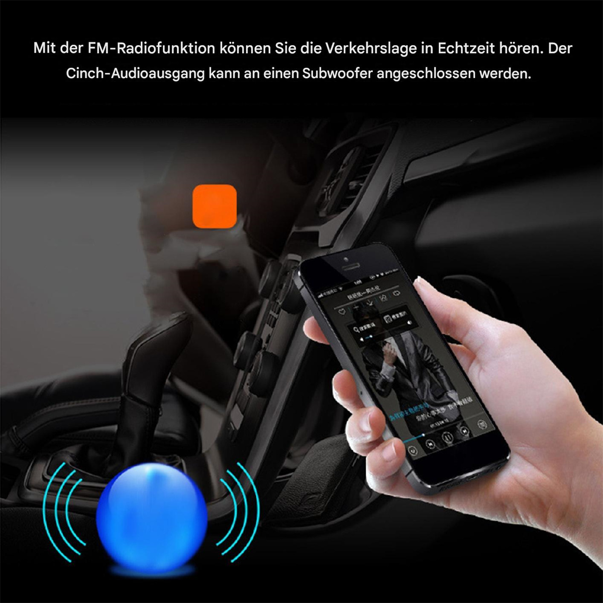 Ein Auto-Innenraum mit einem Telefon, das eine Musik-App anzeigt, und einer blau leuchtenden Kugel.