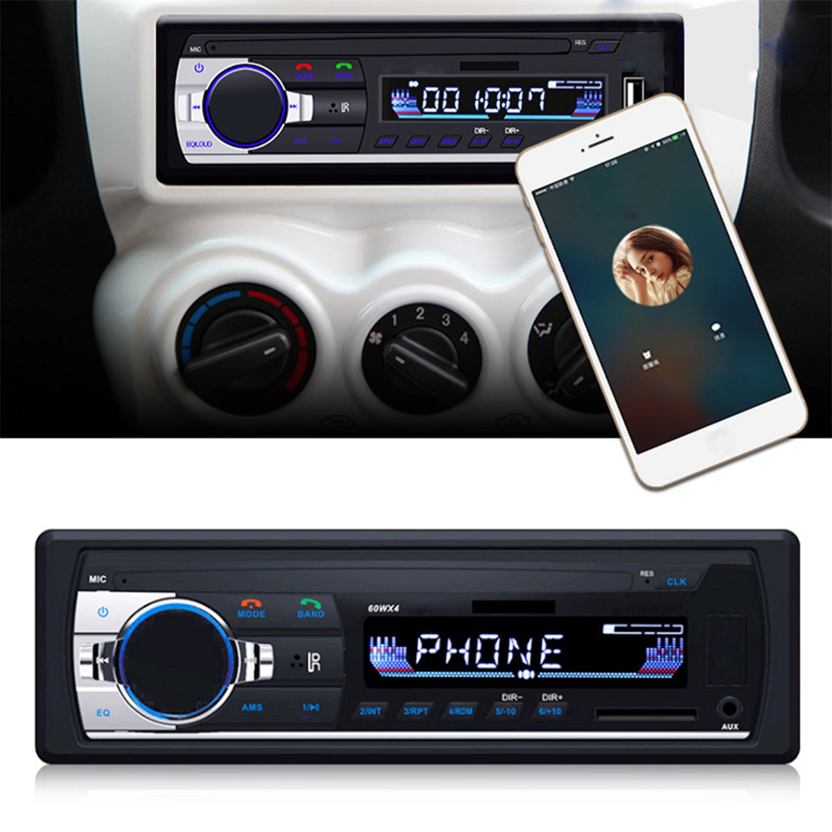 Autoradio und ein Telefon. Das Telefon zeigt das Gesicht einer Frau. Das Stereo ist schwarz und blau.