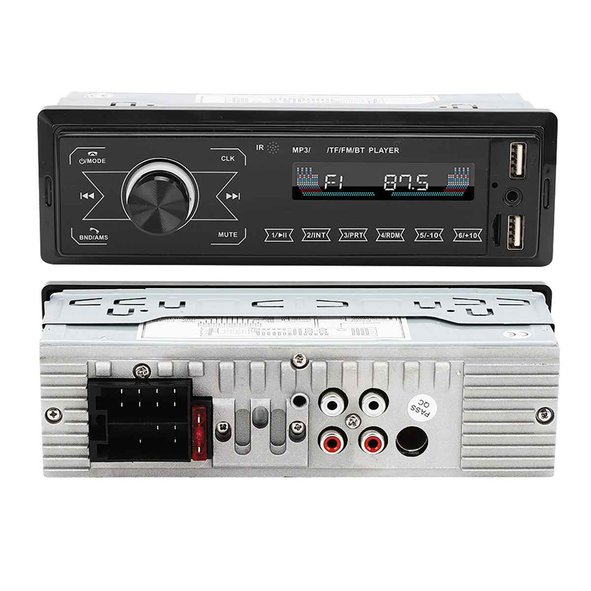 Autoradio mit Knöpfen, Bildschirm und USB-Anschlüssen. Obere und untere Ansicht.