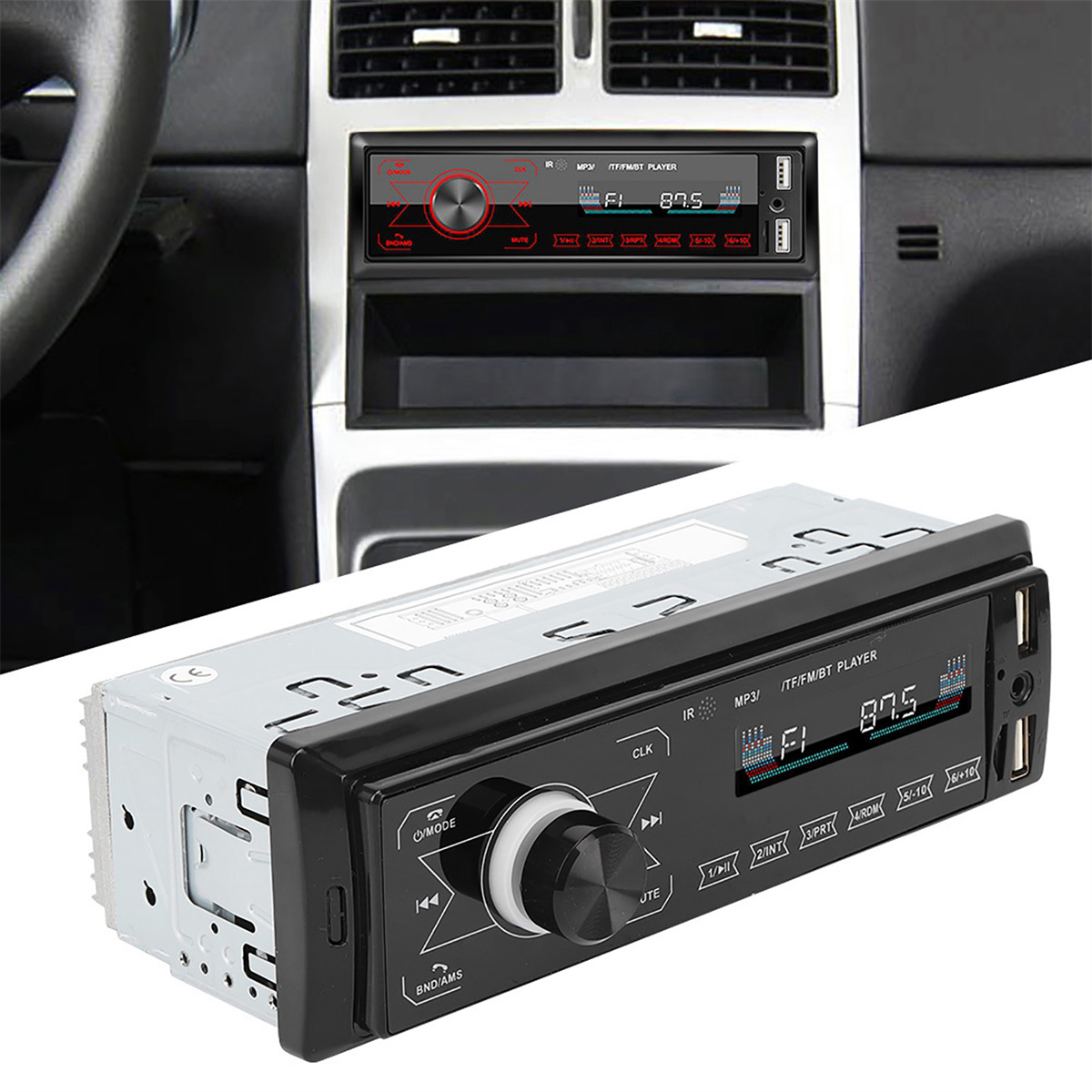 Autoradio. Das Display zeigt die Radiofrequenz und Tasten für verschiedene Funktionen.