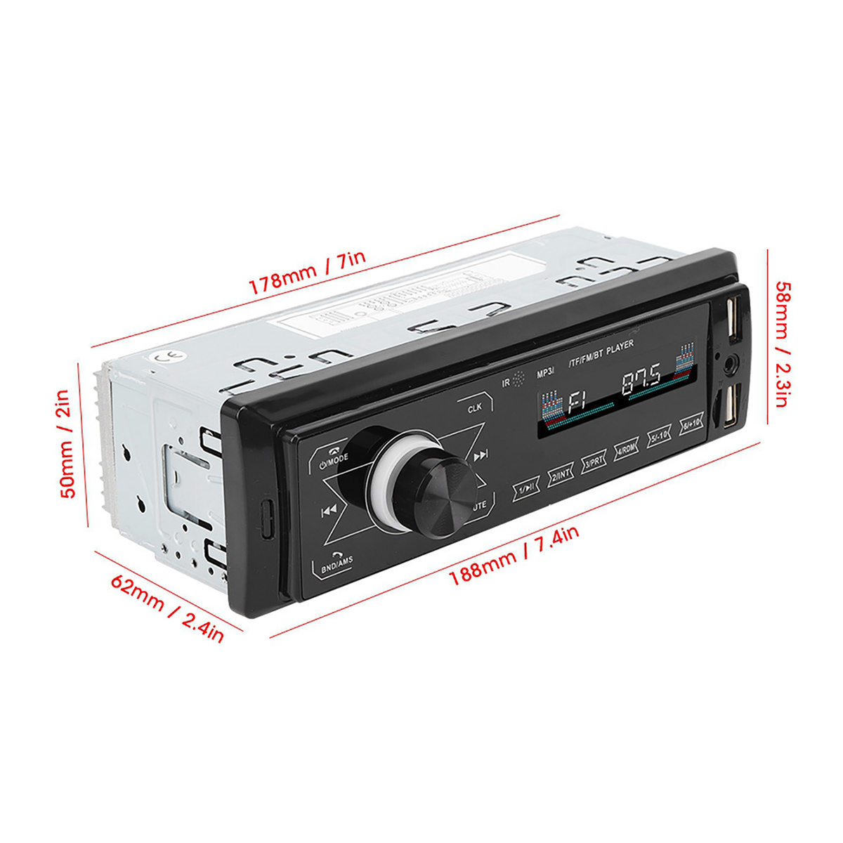 Ein Autoradio mit schwarzer Front und einem Knopf. Es hat Abmessungen in Millimetern und Zoll.