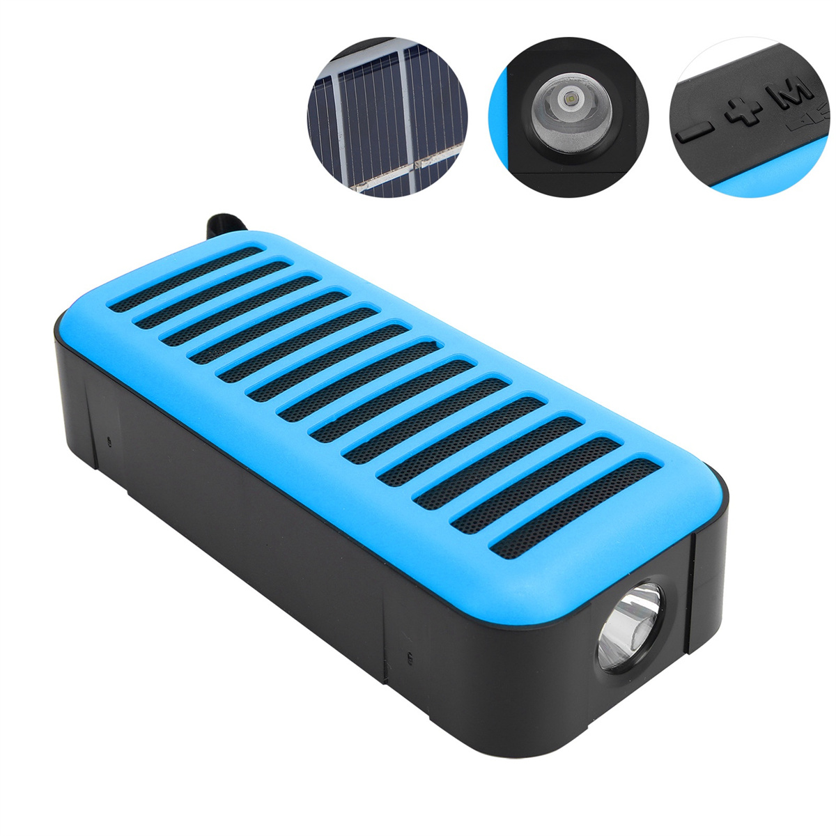 Blau-schwarzer Lautsprecher mit Solarpanel. Er hat eine Taschenlampe und Knöpfe. Der Hintergrund zeigt Paneele.