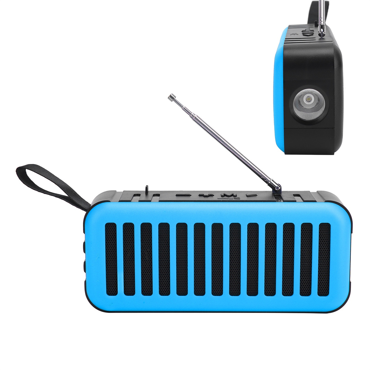 Blau-schwarzes tragbares Radio mit Antenne. Eine Einlage zeigt die Seitenansicht.