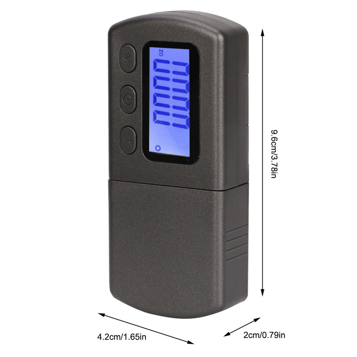 Ein schwarzes Alkoholtestgerät mit blauem Digitaldisplay, 4,2x2cm groß und 9,6cm hoch.