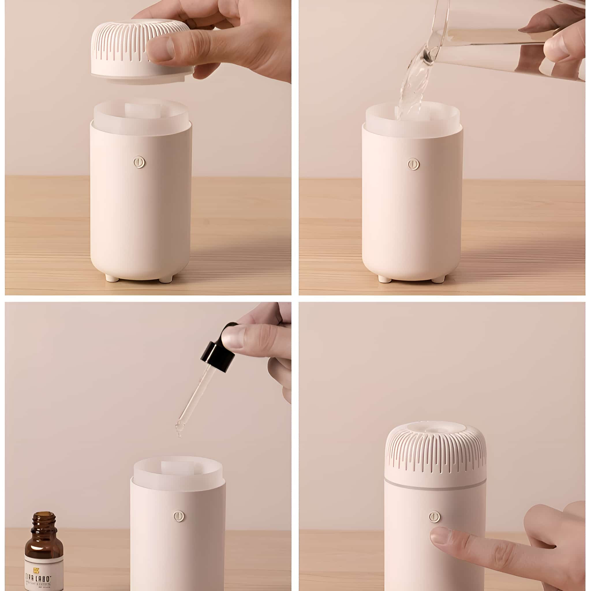 Luftbefeuchter, der mit Wasser und Öl gefüllt wird. Eine Hand drückt einen Knopf. Es ist ein weißes, zylindrisches Gerät.