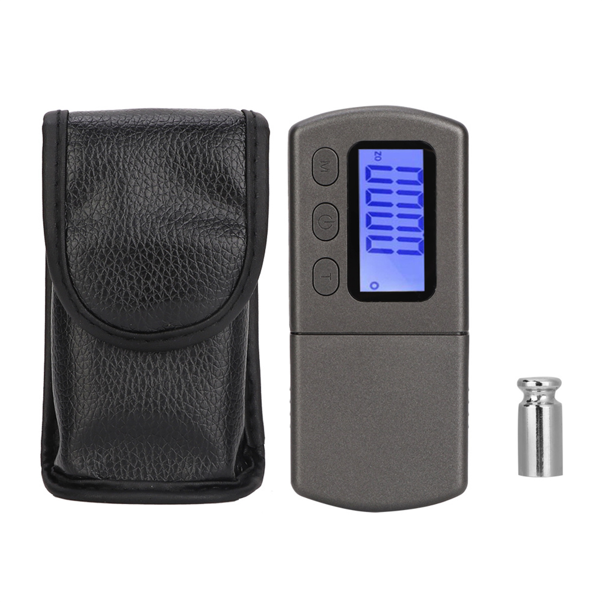 Alkoholtester mit Tasche, Gewicht und Digitalanzeige.