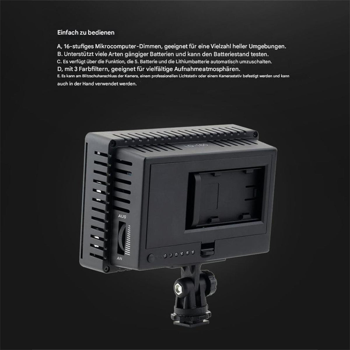 Schwarzes LED-Lichtpanel mit Ständer und Steuertasten, geeignet für Fotografie.