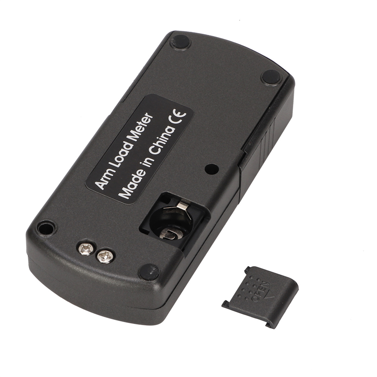 Ein schwarzes rechteckiges Gerät mit Batteriefach, beschriftet mit "Arm Load Meter Made in China CE".