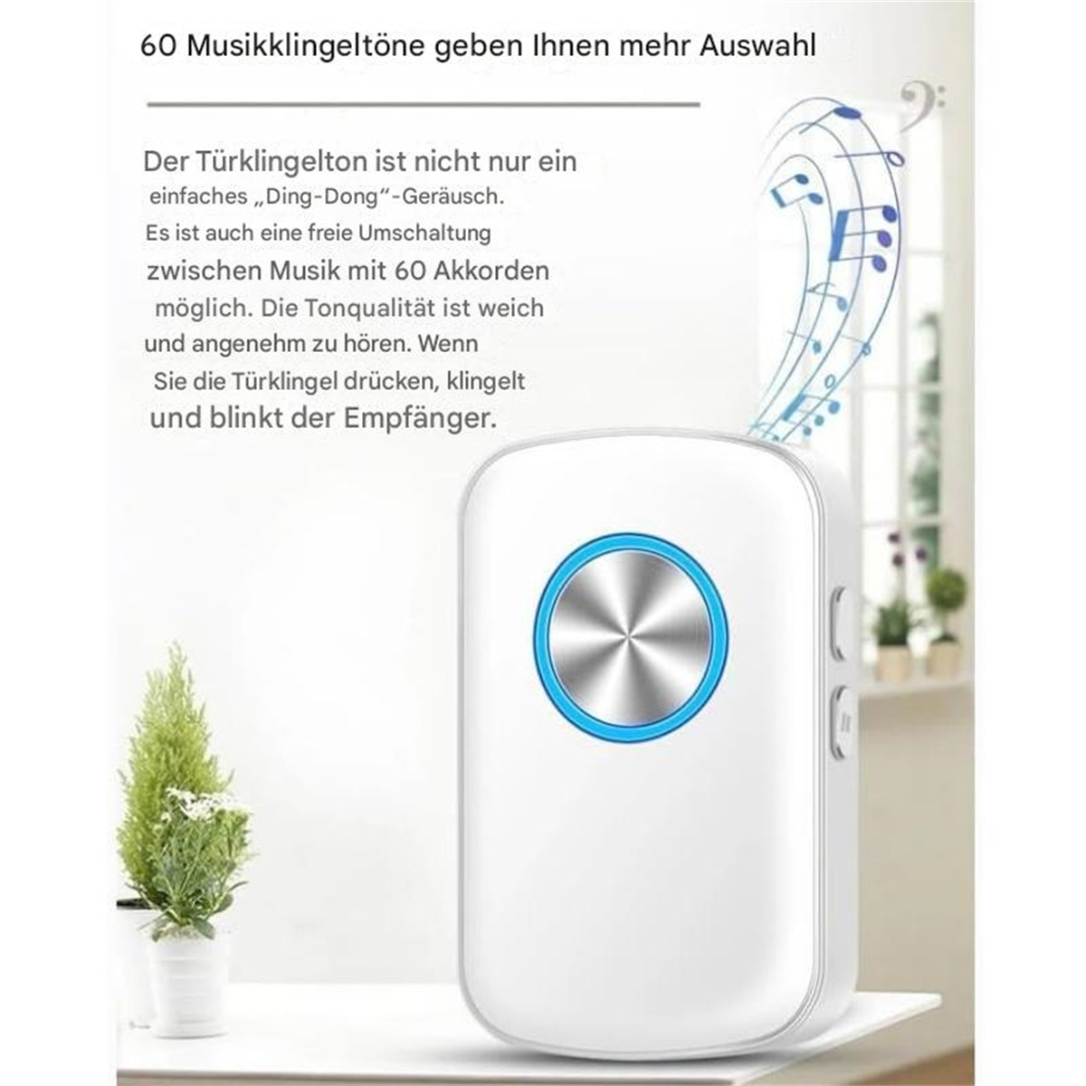 Ein weißer, drahtloser Türklingelempfänger mit blauem Licht und Text auf Deutsch.