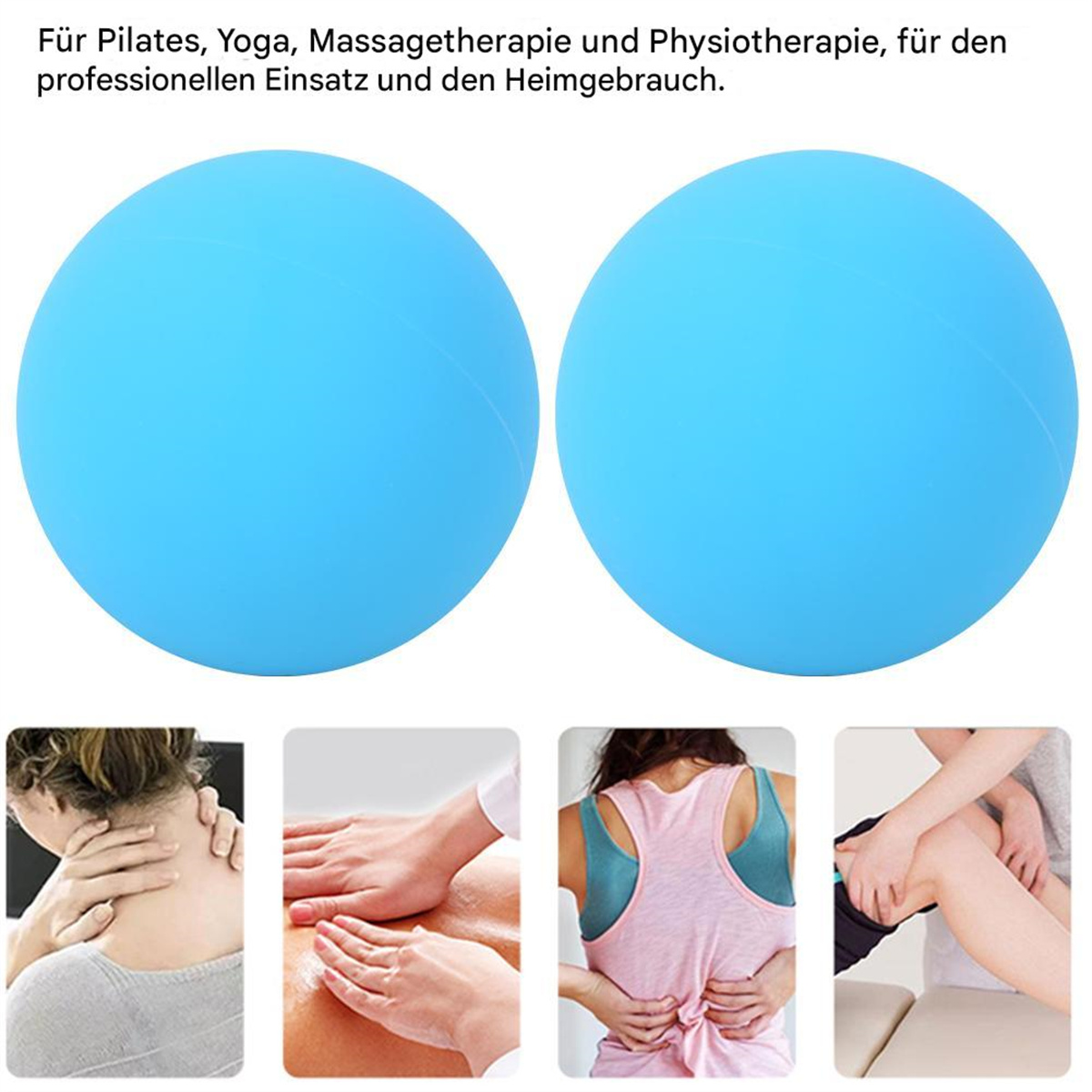 Zwei blaue Massagebälle und Illustrationen von Massagen und Yoga. Text: Für Pilates, Yoga...