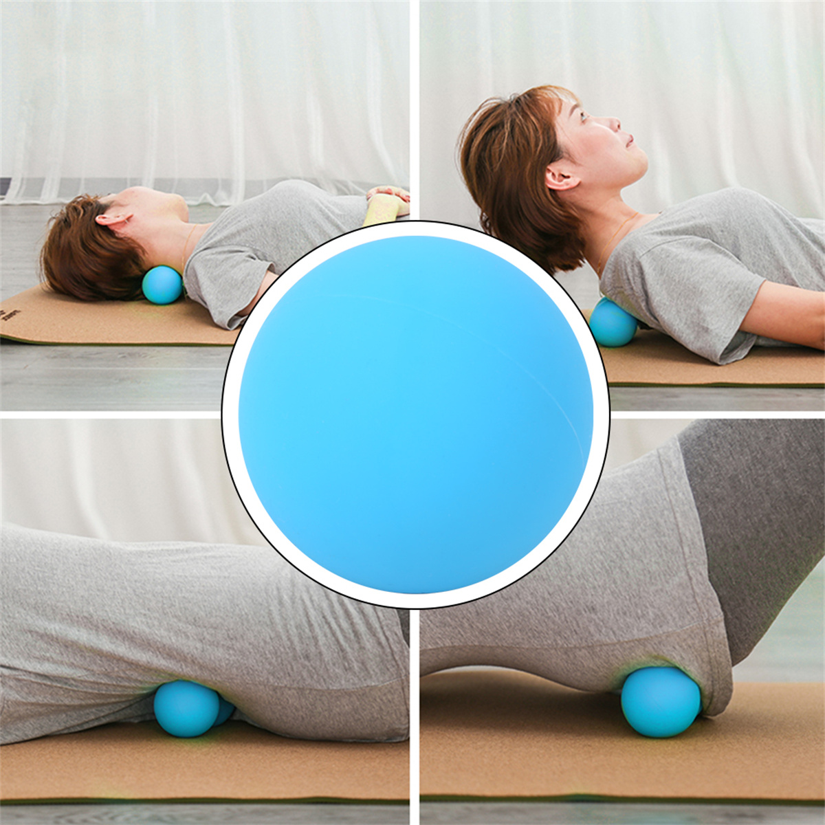 Vier Fotos zeigen die Verwendung eines blauen Massageballs an verschiedenen Körperteilen.