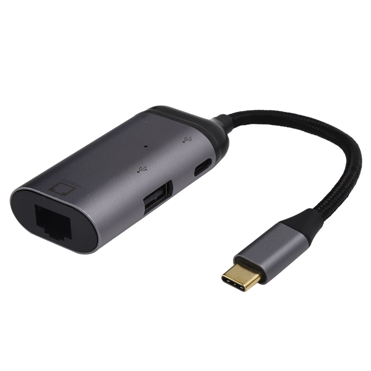 USB-C-Hub mit Anschlüssen. Grau und schwarz. Kabel ist mit dem Hub verbunden.