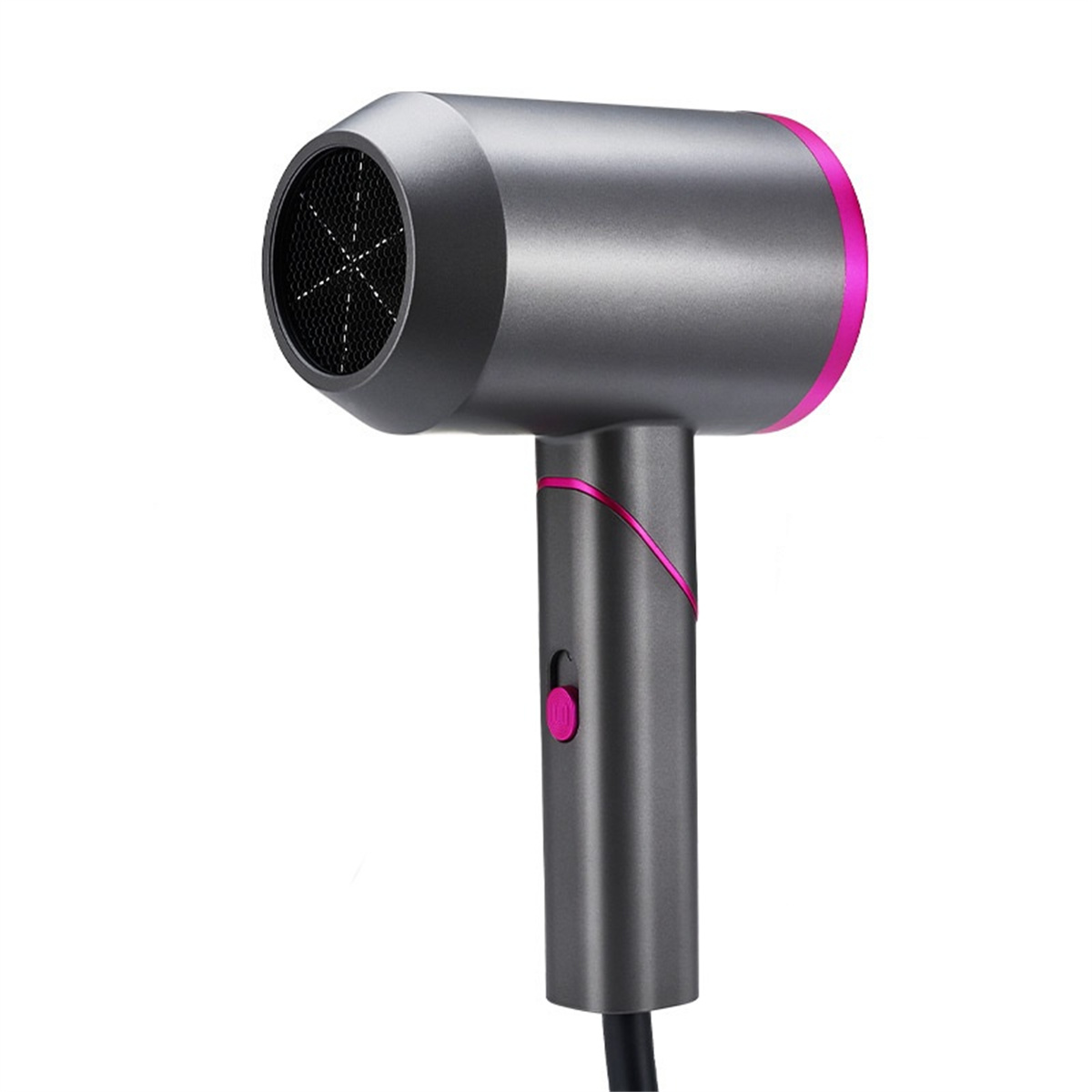 Grauer Haartrockner mit rosa Akzenten. Schwarze Düse mit Sternmuster. Rosa Knopf.