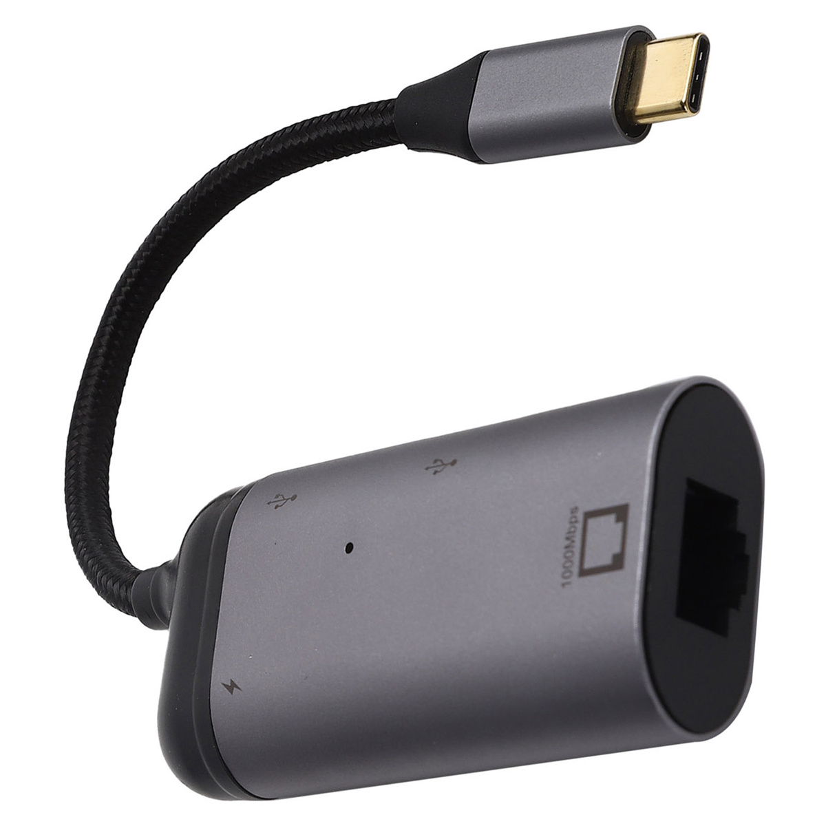 Ein grauer USB-C-zu-Ethernet-Adapter mit geflochtenem Kabel. Er hat einen USB-Anschluss und einen Ethernet-Anschluss.
