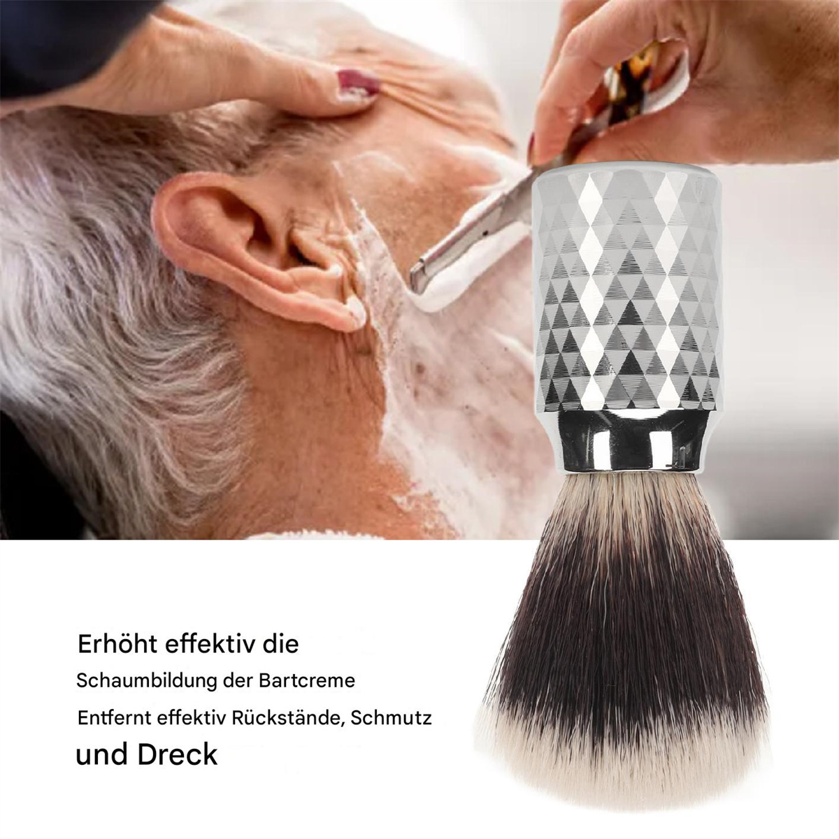 Person rasiert das Gesicht einer anderen Person. Rasierpinsel und Rasierer im Einsatz.