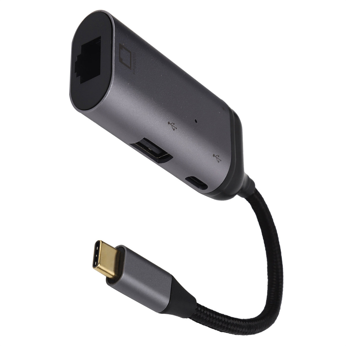 Ein grauer Adapter mit einem USB-C-Anschluss und einem Ethernet-Anschluss, schräge Ansicht.