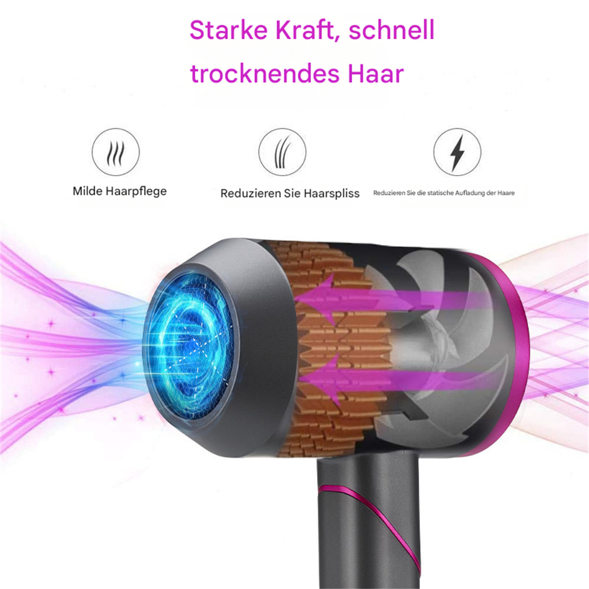 Ein Fön mit Grafik, die den Luftstrom zeigt. Text lautet: 'Starke Kraft, schnell trocknendes Haar'.