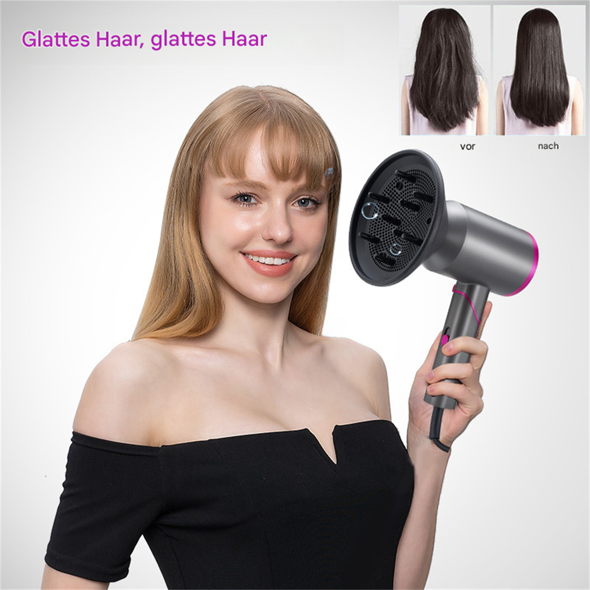 Frau mit Haartrockner, zeigt Vorher-Nachher-Vergleich des Haarstylings.