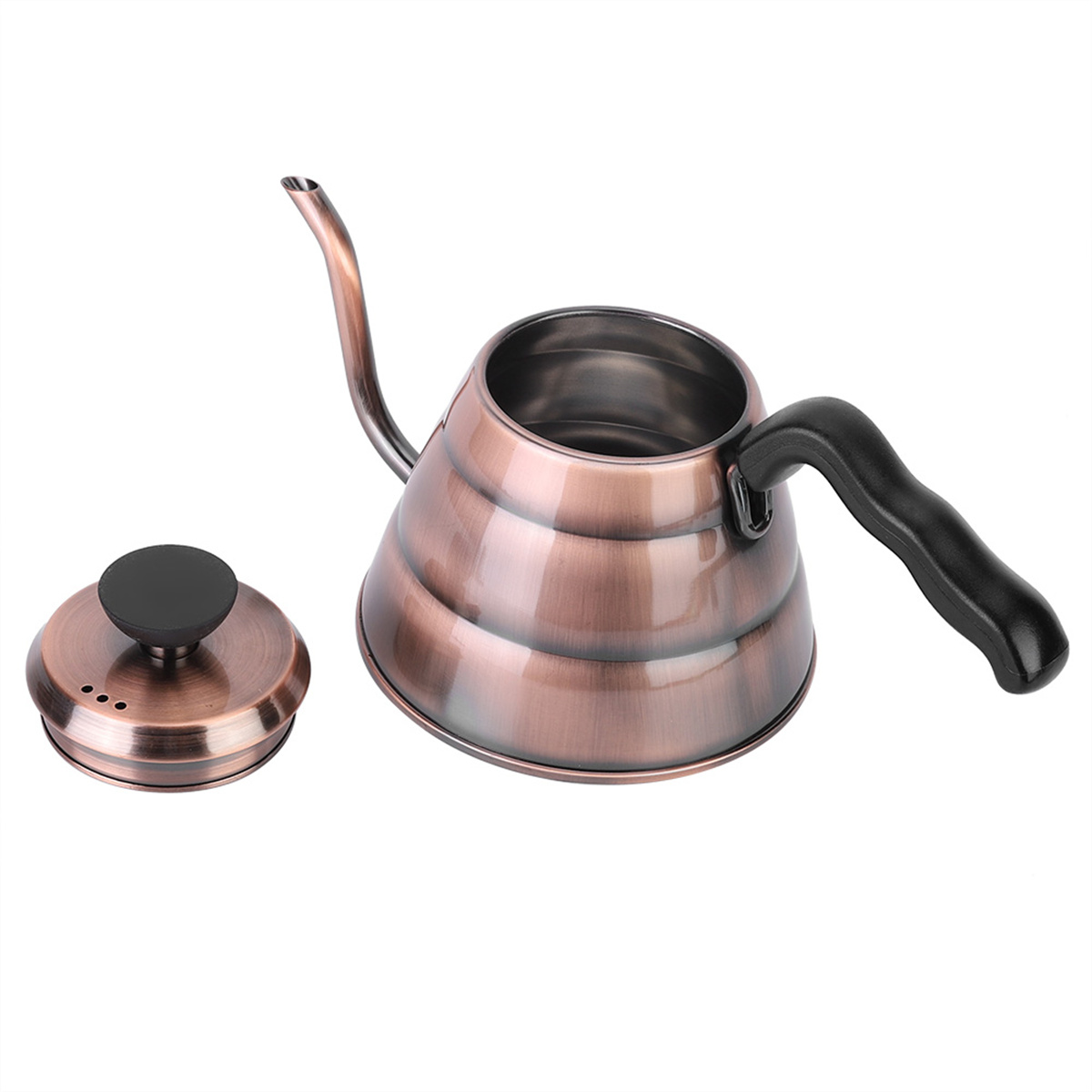 Eine kupferfarbene Schwanenhals-Kanne mit schwarzem Griff und Deckel, vor weißem Hintergrund.