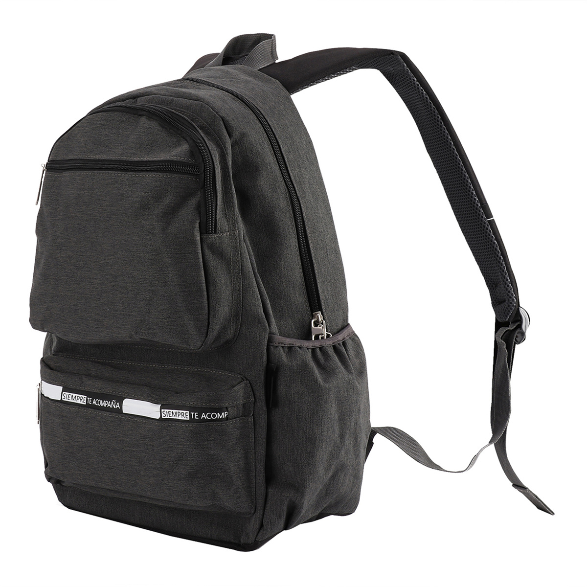 Dunkelgrauer Rucksack. Hat mehrere Fächer, weißer Text auf einem. Schwarze Träger und weißer Hintergrund.