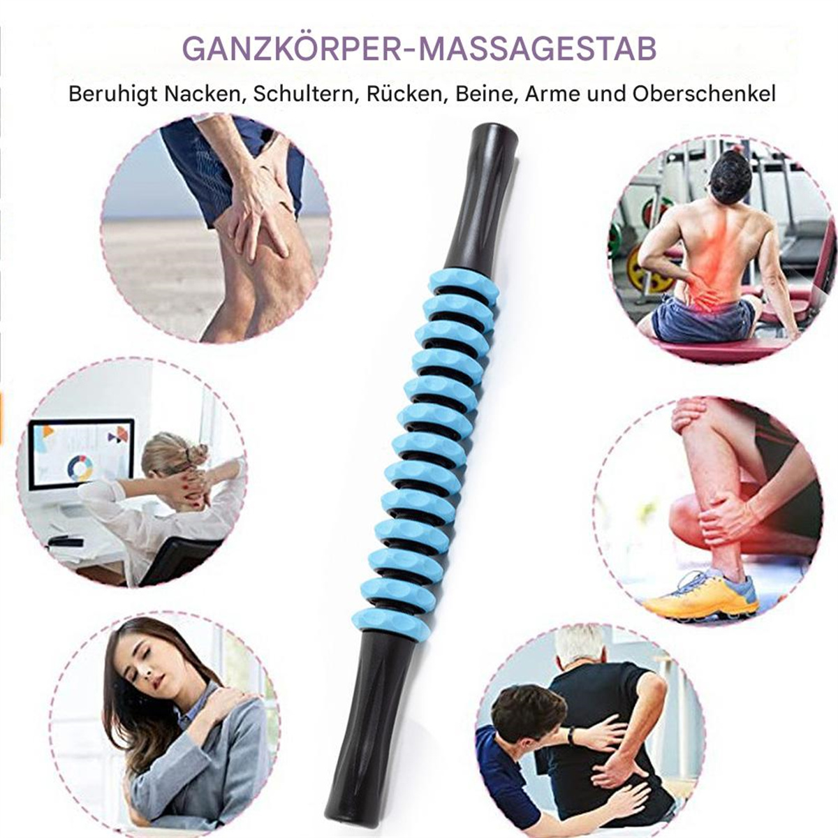 Schwarz-blaue Massagerolle mit Bildern, die verschiedene Massageanwendungen zeigen, auf weißem Hintergrund.