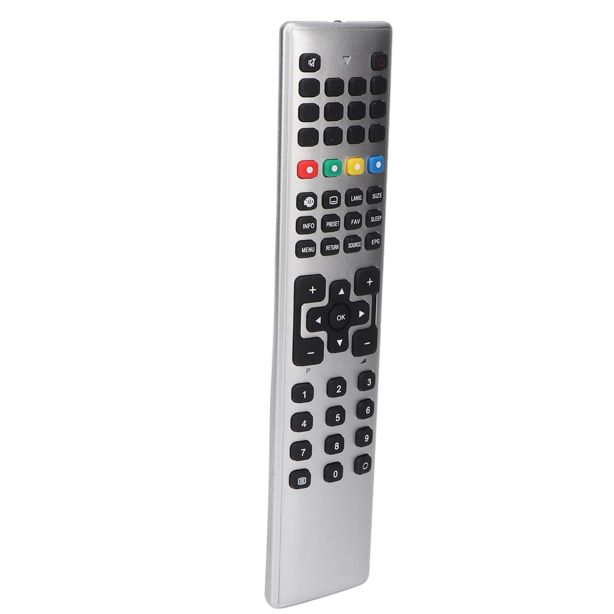 Silberne TV-Fernbedienung mit Knöpfen in verschiedenen Farben und Funktionen.