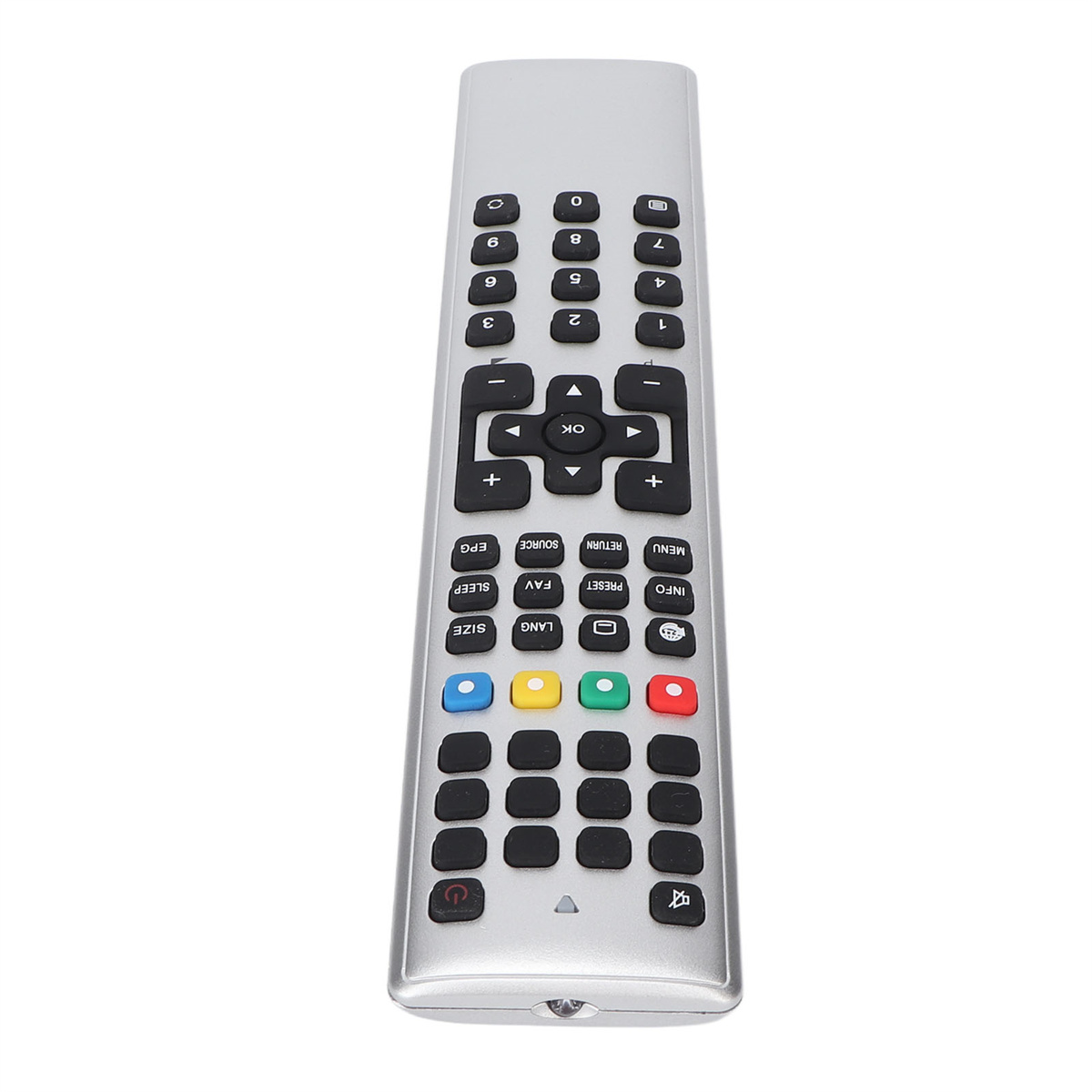 Silberne TV-Fernbedienung. Verfügt über mehrere Tasten mit verschiedenen Funktionen.
