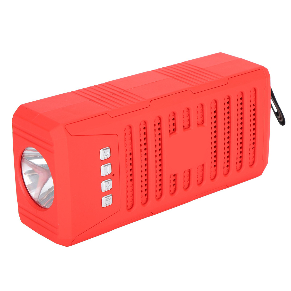 Roter rechteckiger tragbarer Lautsprecher mit Taschenlampe und Steuertasten an der Seite.
