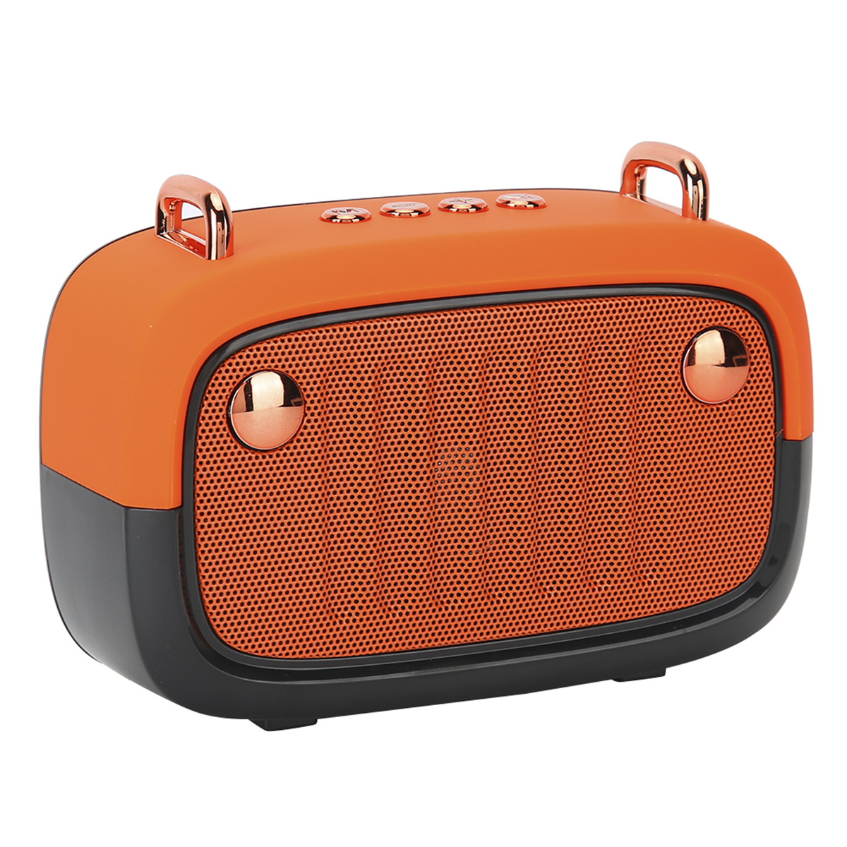 Orangener und schwarzer Lautsprecher im Retro-Stil mit roségoldfarbenen Akzenten und Bedienelementen.