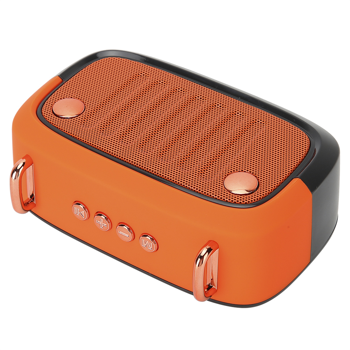 Ein orange-schwarzer Lautsprecher mit roségoldenen Knöpfen und Griffen auf weißem Hintergrund.