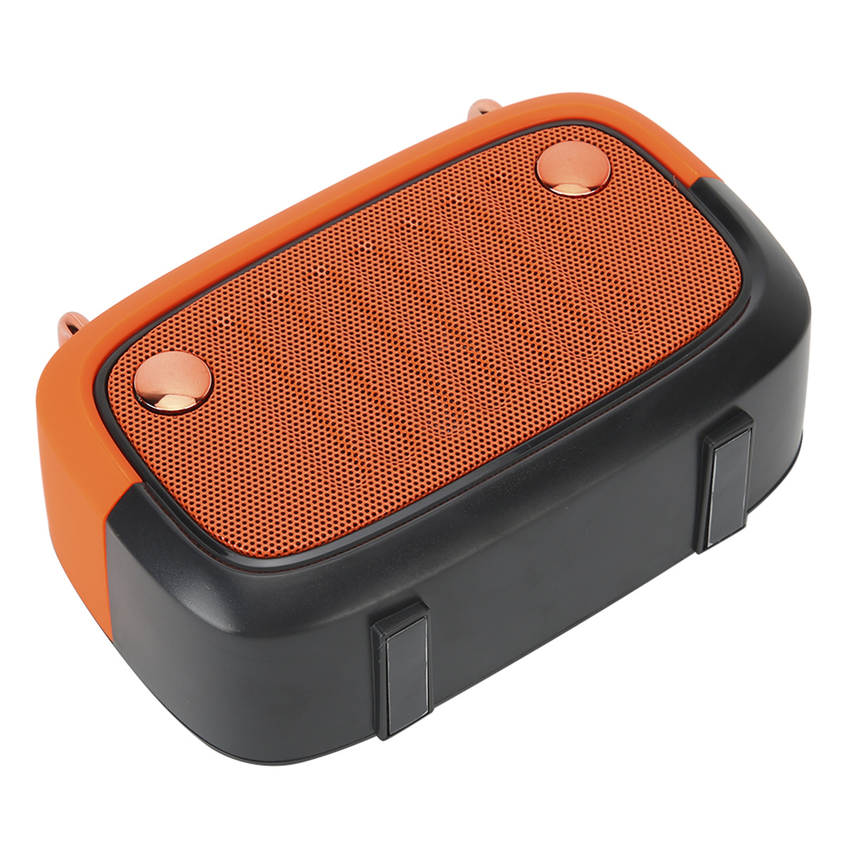 Ein orangefarbener und schwarzer Lautsprecher mit zwei kupferfarbenen Knöpfen oben. Er hat eine Mesh-Front.
