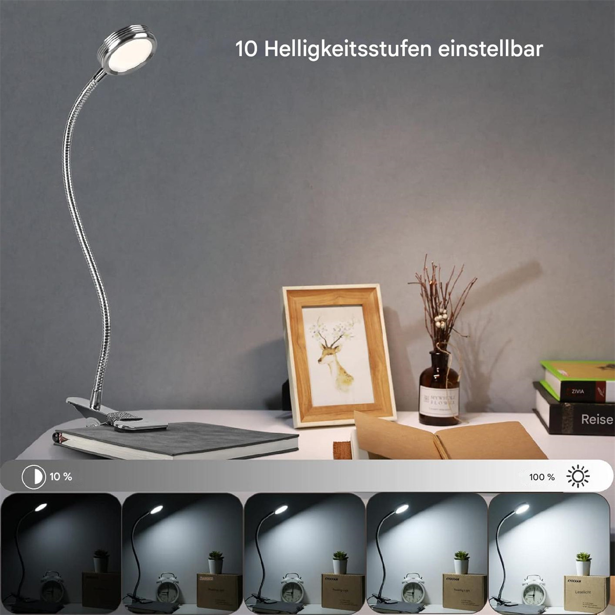 Eine Schreibtischlampe mit flexiblem Hals, die an einer Oberfläche befestigt ist. Sie hat ein Licht und mehrere Helligkeitseinstellungen.
