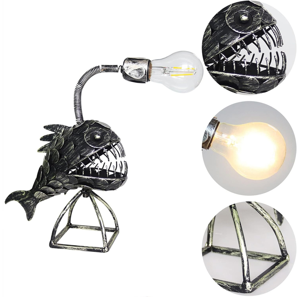 Metall-Anglerfisch-Lampe mit freiliegender Glühbirne. Detailbilder zeigen Fischkopf, Glühbirne und Sockel.