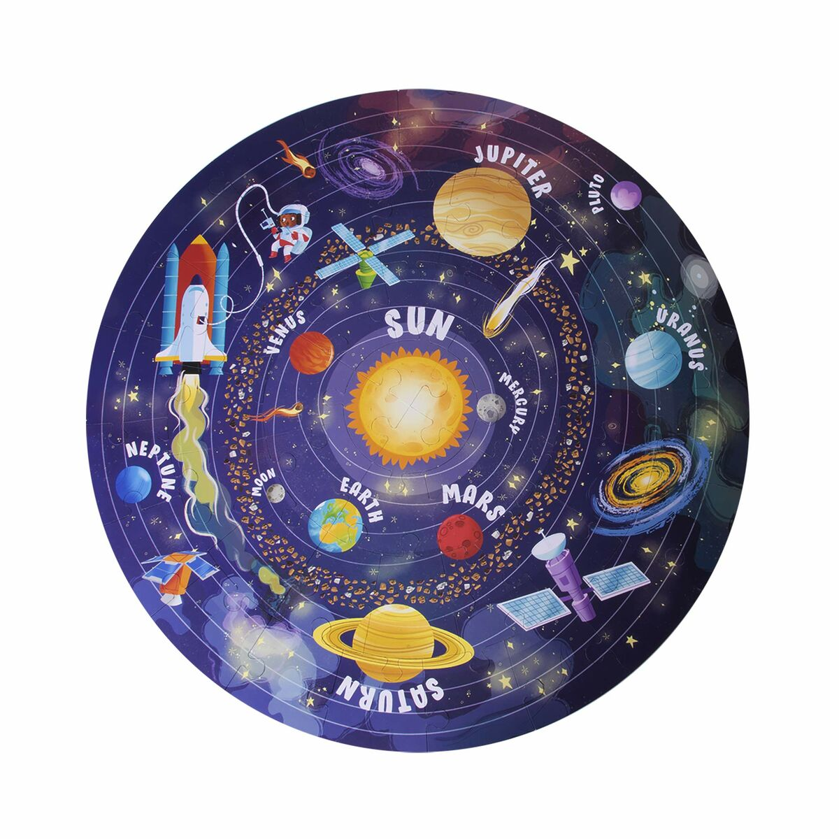 Un rompecabezas circular del sistema solar. Se representan planetas, un cohete, satélites y el sol.