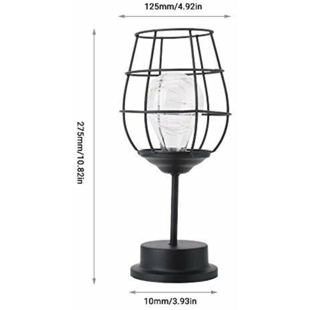 Schwarze Metallkäfig-Lampe mit Glühbirne, montiert auf einem schwarzen Stiel und Sockel. Abmessungen angegeben.
