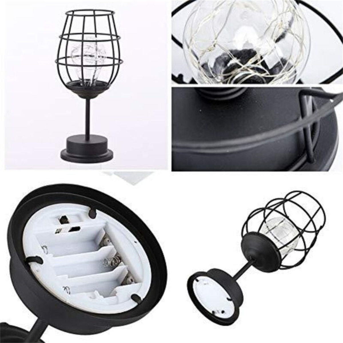Eine schwarze Metalllampe. Die Lampe hat einen Drahtrahmen um die Glühbirne. Mehrere Ansichten.