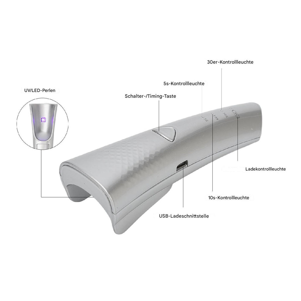 Silbernes Schönheitsgerät mit Knöpfen und Etiketten. Nahaufnahme eines UV/LED-Lichts.