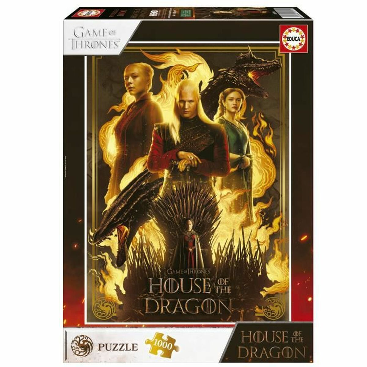 Game of Thrones Puzzlebox. Charaktere, Drache, Flammen und Text auf dunklem Hintergrund.