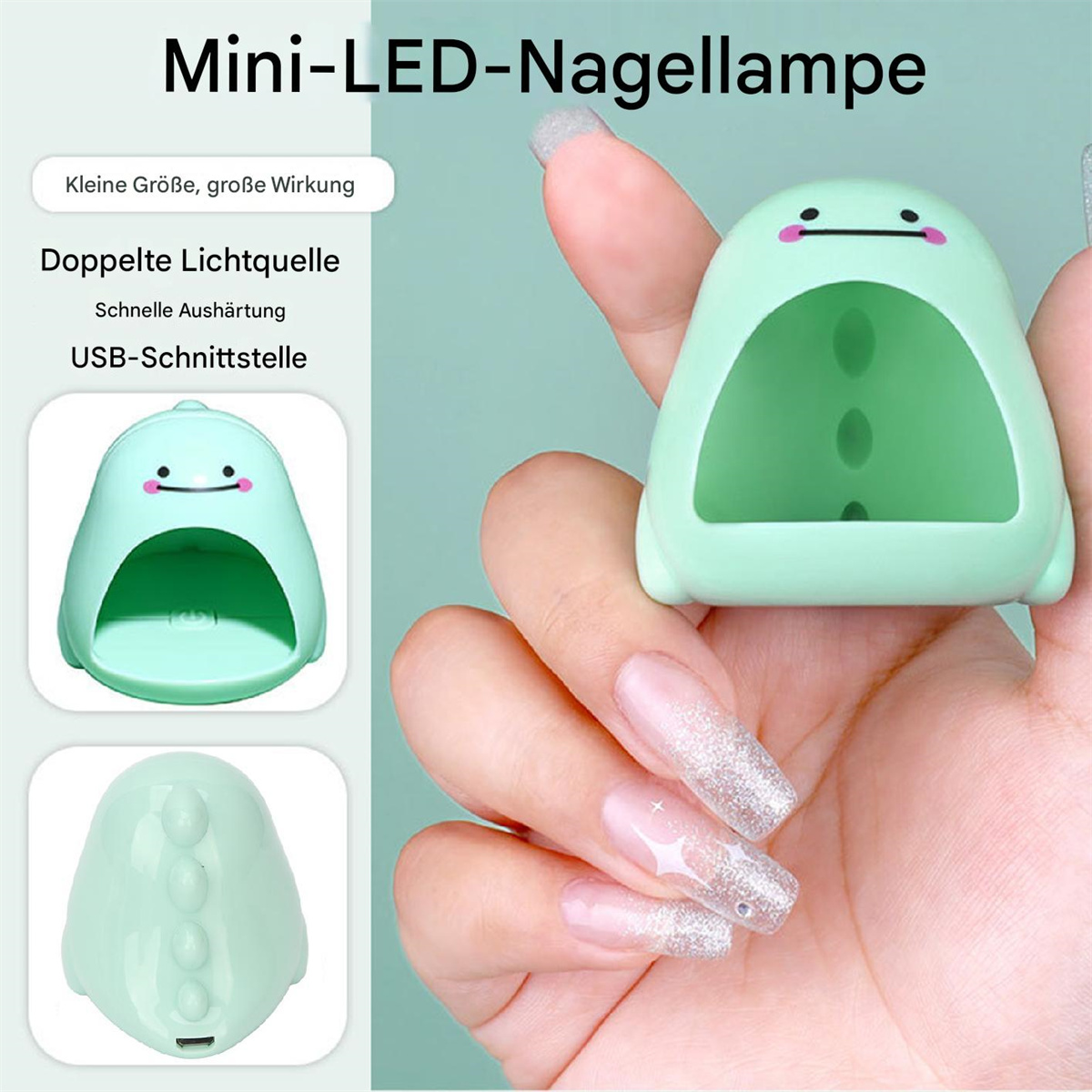 Eine grüne, dinosaurierförmige LED-Nagellampe. Eine Hand hält das Gerät.