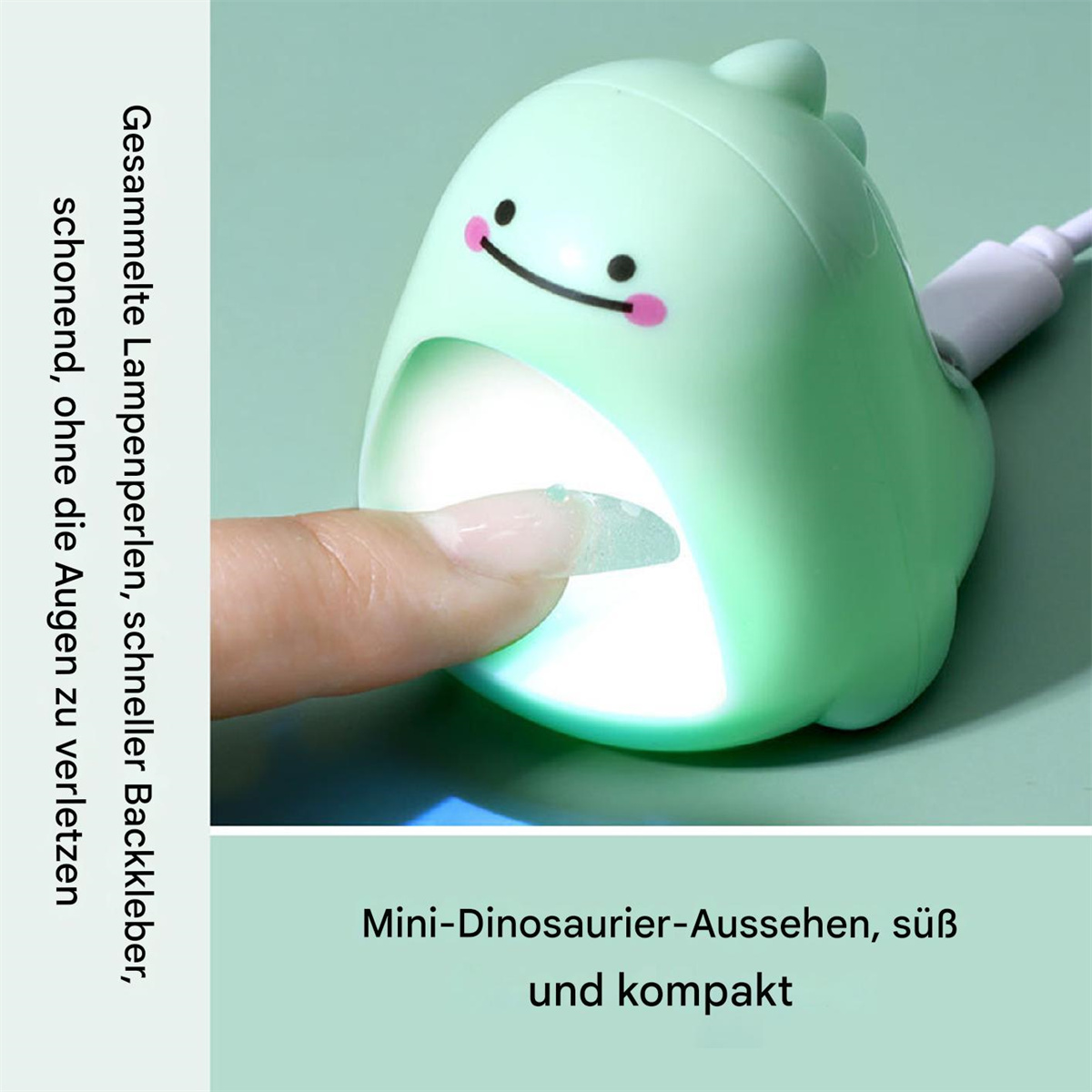 Eine grüne nagelförmige Lampe in Dinosaurierform mit einem Finger darin. Es hat ein Licht.