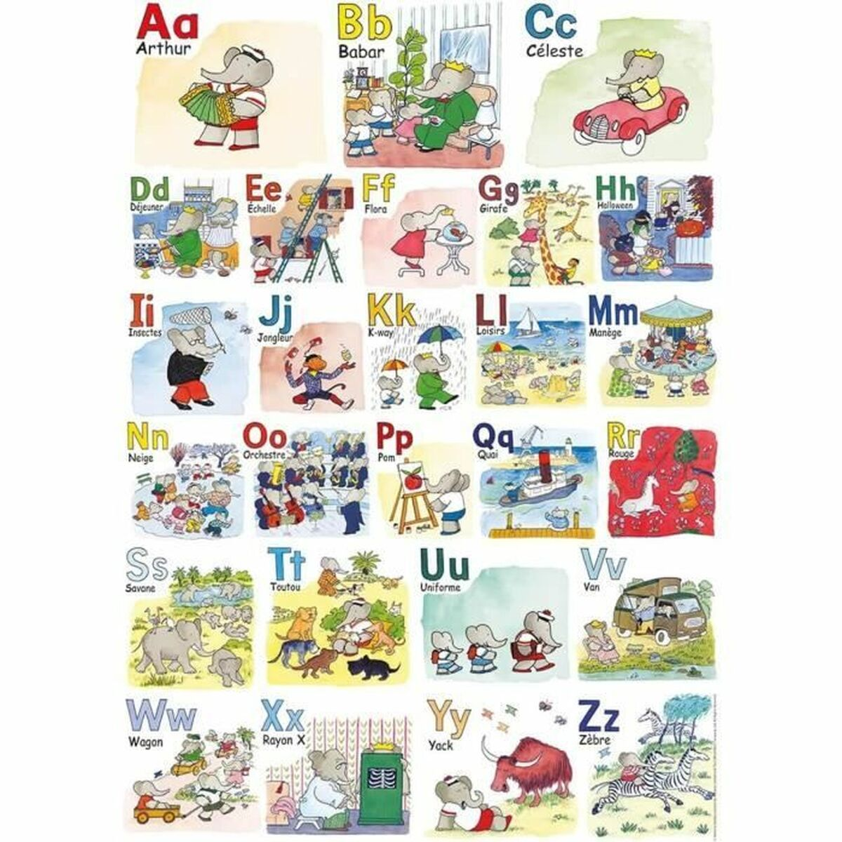 Ein Puzzle mit Babar-Alphabet-Buchstaben. Babar und andere Elefanten sind mit dem Alphabet abgebildet.