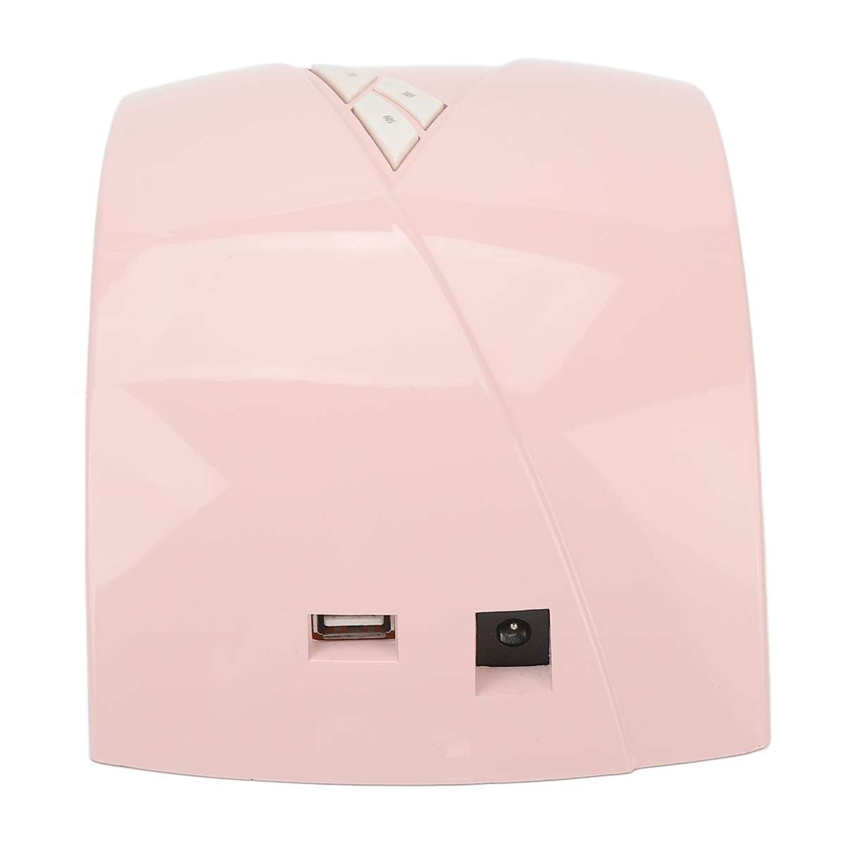 Rosa Nageltrockner mit USB-Anschluss und Stromeingang, mit einigen Knöpfen, weißer Hintergrund.