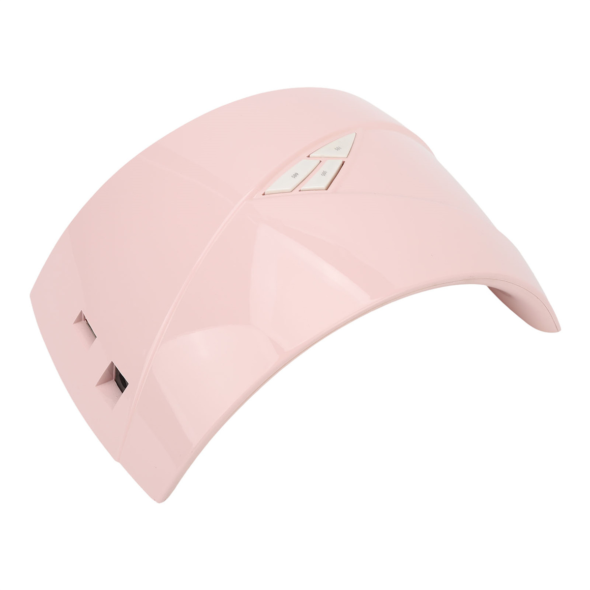 Eine pinke Nagelhärtungslampe mit Bedienknöpfen oben und geschwungenem Design, isoliert auf weißem Hintergrund.